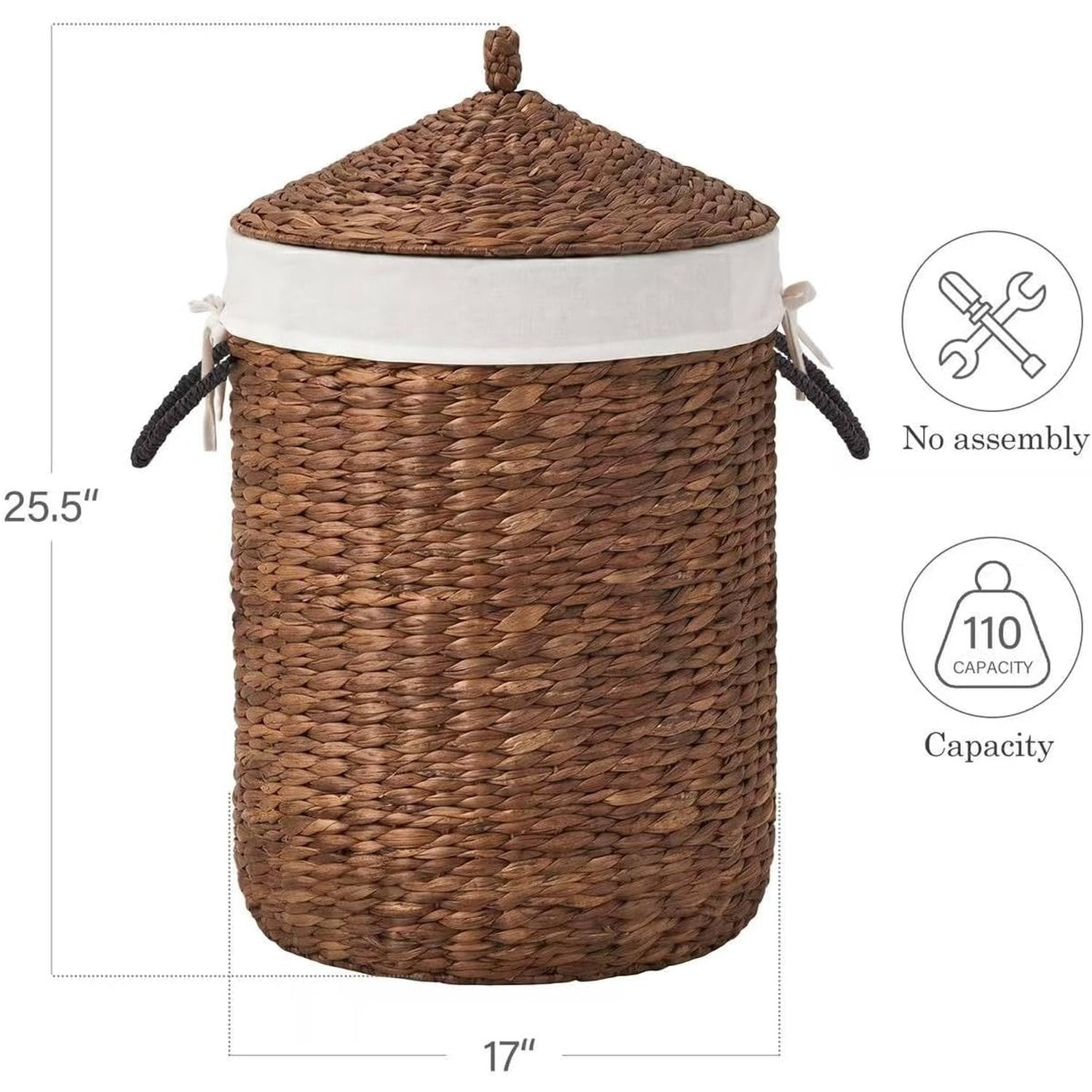 Round Laundry Hamper with Lid, Woven Natural Water Hyacinth, 17.52 in Diameter x 20.87 in Height