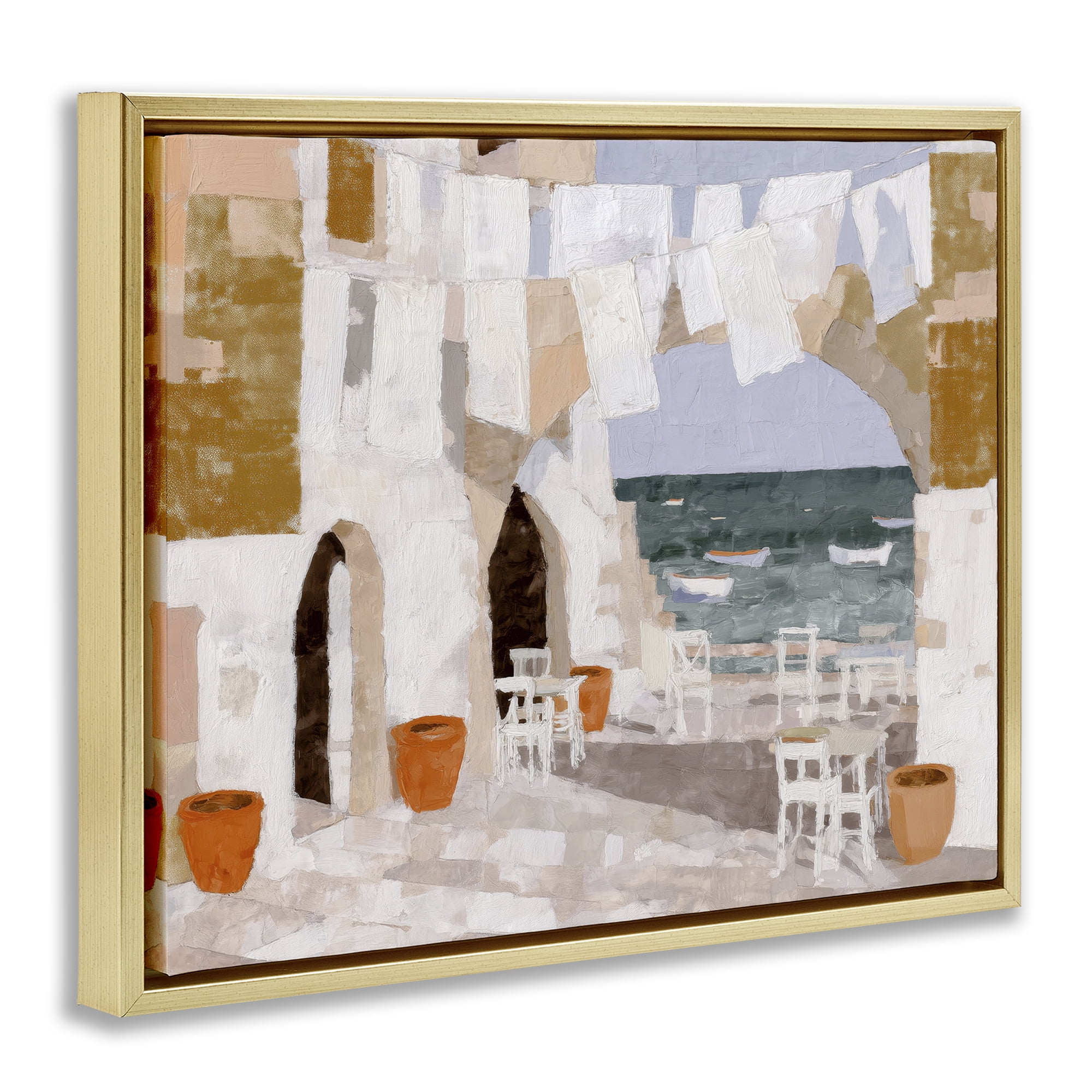 Stupell Industries Coastal Village Plaza Laundry Gold Framed Floater Canvas Wall Art, design by Chromatic Storm Studio