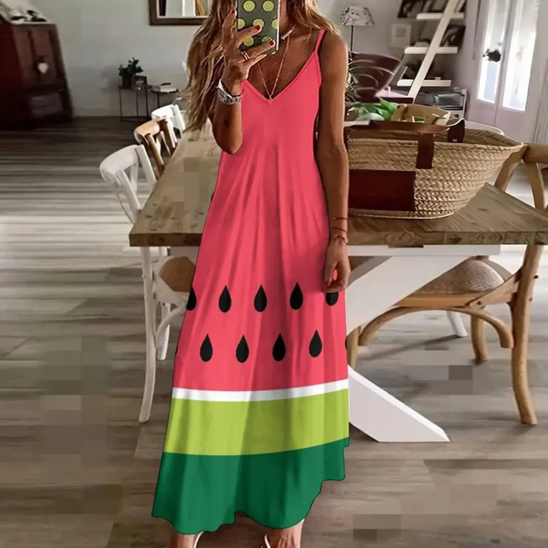 Coral Pink Green Summer Watermelon Fruit Stripes Sleeveless Dress Long  veiled dresses Summer skirt evening dress Dress - Walmart.com