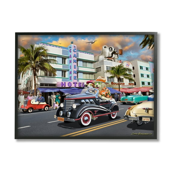 Stupell Industries Dog Days Miami Transportation Painting Black Framed Art Print Wall Art, 14 x 11