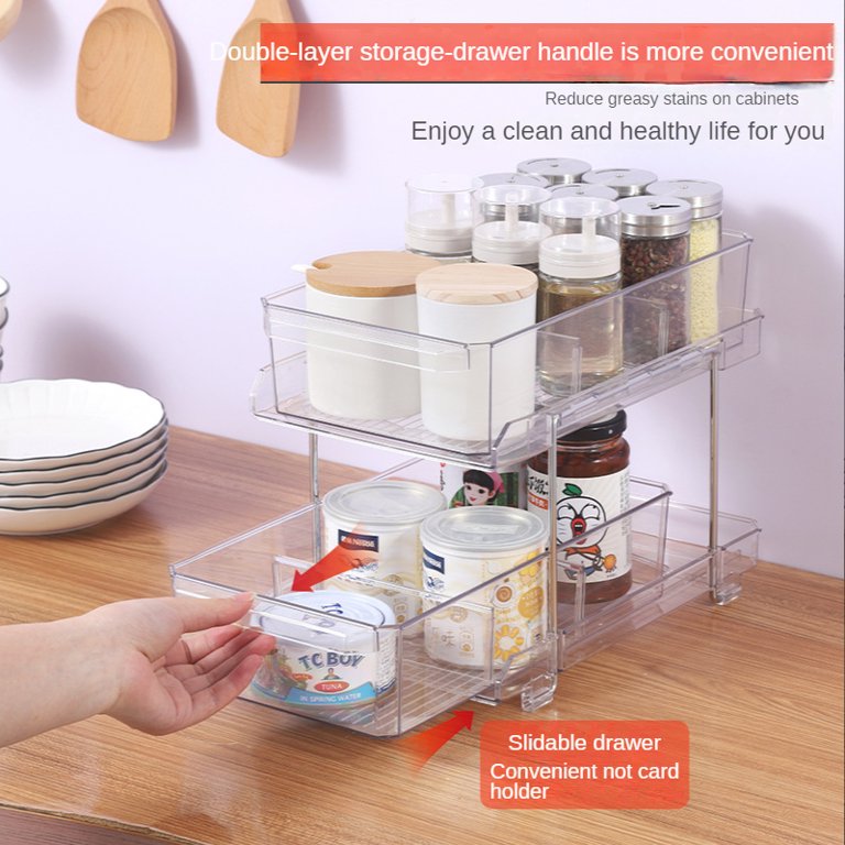 2 Tier Clear Organizer with Dividers, Multi-Purpose Slide-Out Storage  Container, Bathroom Vanity Counter Organizing Tray, Under Sink Closet