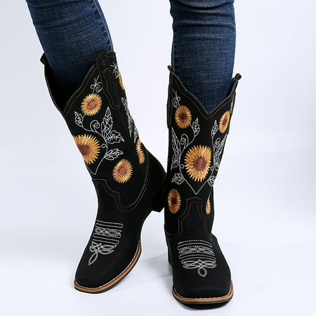 

Women‘s Western Mid Calf Boots Fashion Sunflower Embroidery Zipper Shoes Women‘s Footwear