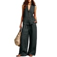 thumbnail image 3 of VBVC Women's 2 Piece Cotton-Linen Outfit,V-Neck Sleeveless Waistcoat and Wide Leg Pants For Women,Ladies Summer Button Down Loungewear with Pockets,Black,S-2XL, 3 of 7
