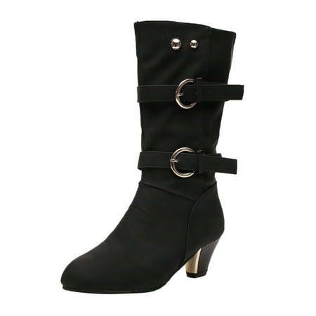 

TAIAOJING Women s Boots Vintage Buckle Round Toe Plus Velvet Mid Heel Cowboy Boots Winter Warm Shoes
