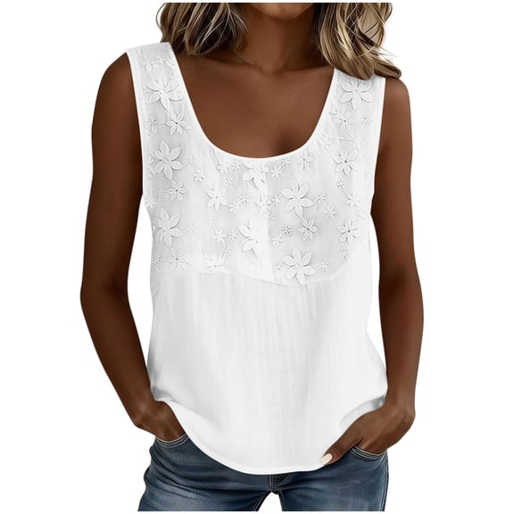 aohooy Womens Cotton Linen Boho Summer Tops Sleeveless Floral Embroidered Tees Loose Fit Gauze Tank Top Trendy Tunic Blouses 2026 White,S