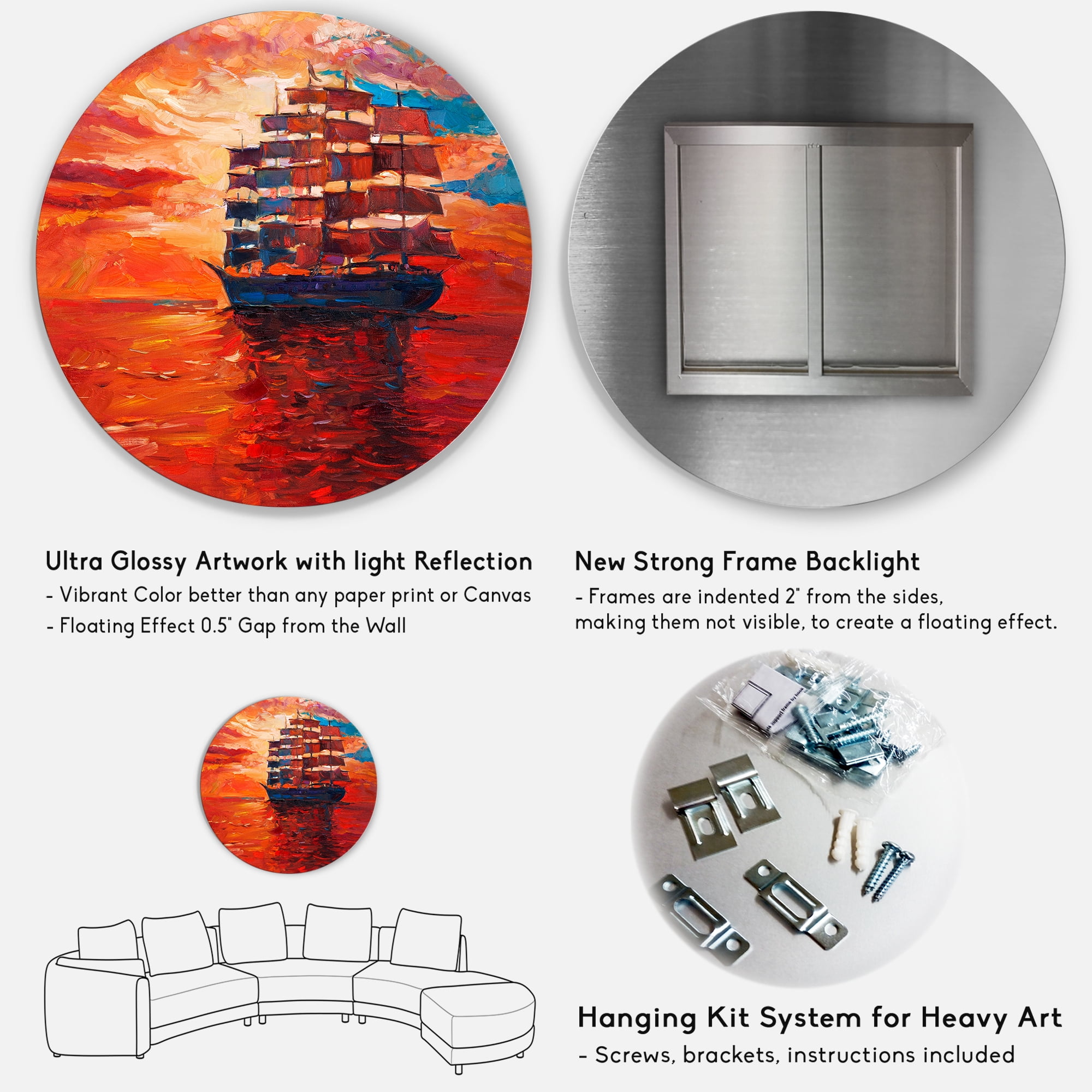 Designart 'Frigat During Red Evening Glow On The Ocean Horizon' Nautical & Coastal Circle Metal Wall Art 23x23 - Disc of 23