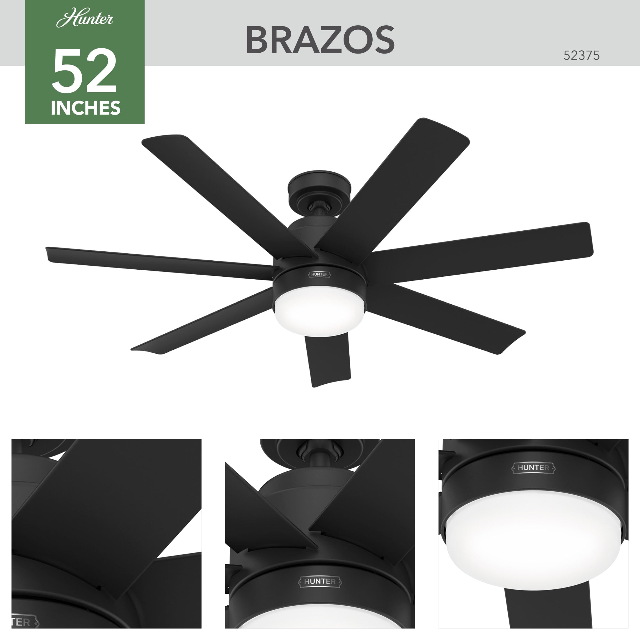 Hunter - Brazos Indoor/Outdoor Ceiling Fan With Light, Remote, 52-inch, Matte Black, Casual-style, 6-speed, Energy Star, 51535, for Porches, Bathrooms