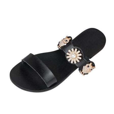 

slipper for Women Leisure Bohemia Women s Summer Non Slip Rhinestones Slip On Flat Beach Open Toe Breathable Sandals Shoes Slippers Artificial leather Dress Sandals for Women Black