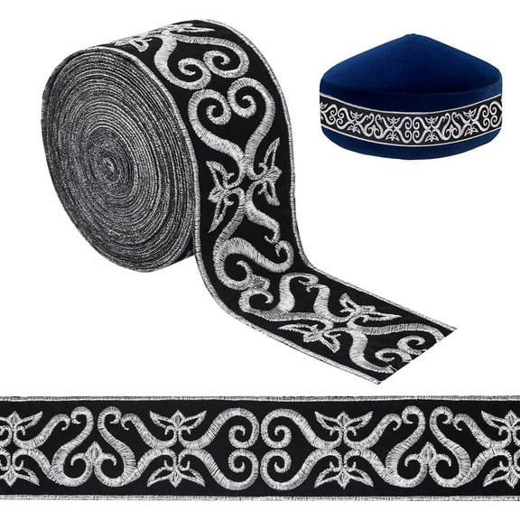 4.9 Yards Black Silver Jacquard Ribbon Trim 1.9 Inch Hot Adhesive Floral Trim Embroidery Woven Ribbon Fringe Band Fabric Trim for Sewing Clothing Home Decor Wedding Bag Straps