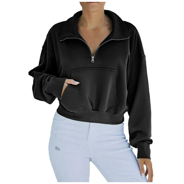 Bowake Femmes Demi-Zip Recadrée Sweat-Shirts Casual Manches Longues Lâches Pull Tops Chemisier avec Poche