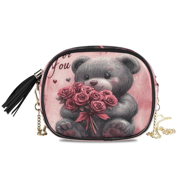Womens Casual Chain Shoulder Bag Simple style Bear Holding Rose Crossbody Bag