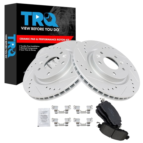 TRQ Front Brake Pad and Rotor Set Ceramic Coated Drilled Slotted Rotors Fits 2014-2017 Nissan LEAF
