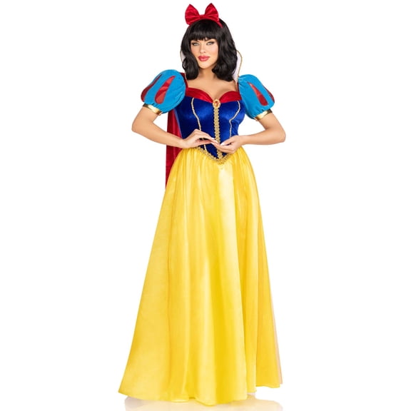 Leg Avenue Women's 3 Pc Royal Miss Snow Costume with, Satin Long Ball Gown, Detachable Velvet Cape, Bow Headband