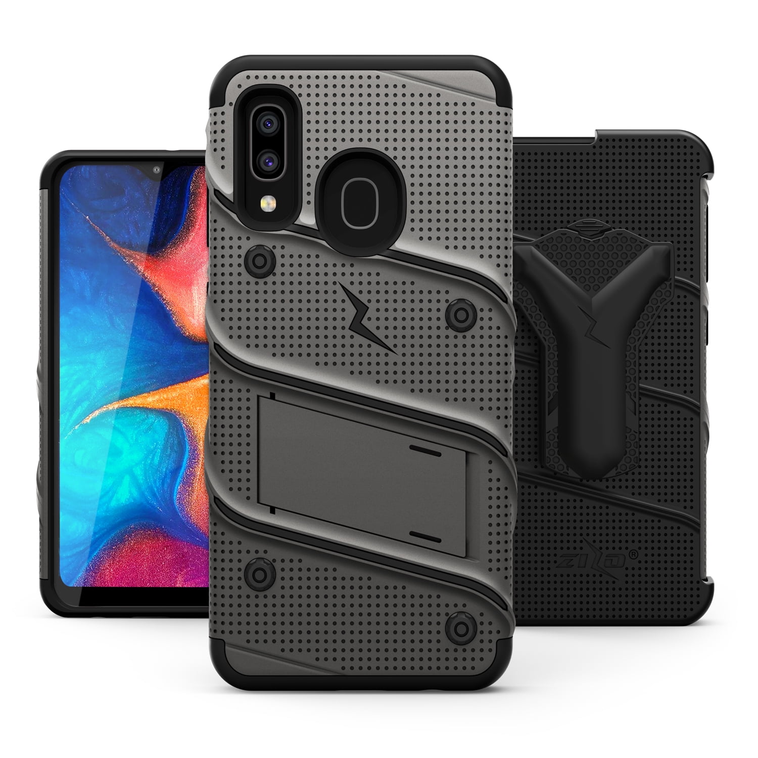 ZIZO BOLT Series for Samsung Galaxy A20 Case | Heavy-duty Military-grade Drop Protection w/ Kickstand Included Belt Clip Holster Tempered Glass Lanyard Galaxy A50 - Metal Gray