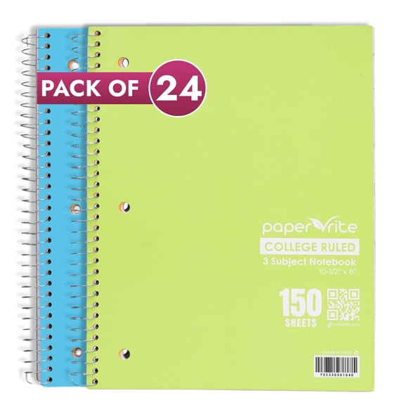 Paper Rite 3 Subject College Ruled Notebook | 150 Sheets | 10.5 x 8.5 in | Pastel Green & Pastel Green | Pack of 24