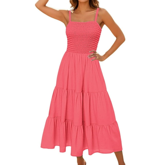 Lenpel Sundresses for Women Spaghetti Strap Square Neck Pleated Tiered Ruffle A-Line Midi Dresses Flowy Summer Dresses