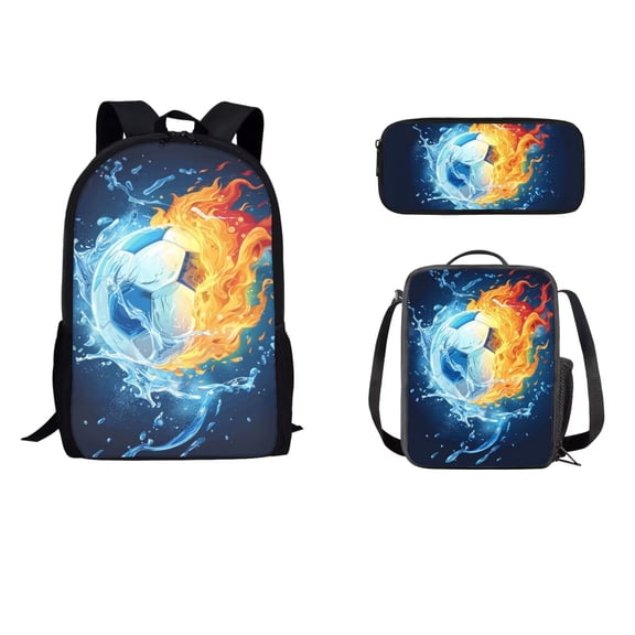 Tutolipy Water Fire Soccer Printed Backpack Set for Boys Kids, 3Pcs Bookbag Lunch Box with Pencil Case for Elementary School, 16 Inch School Bag with Lunch Bag