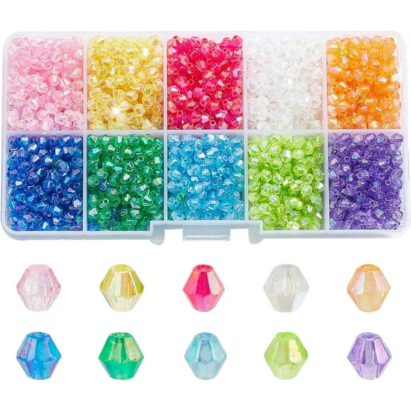 2500pcs Faceted Acrylic Beads 4mm Colorful Beads 10 Color Crystal Bicone Beads Loose Beads Assortment Craft Seed Beads