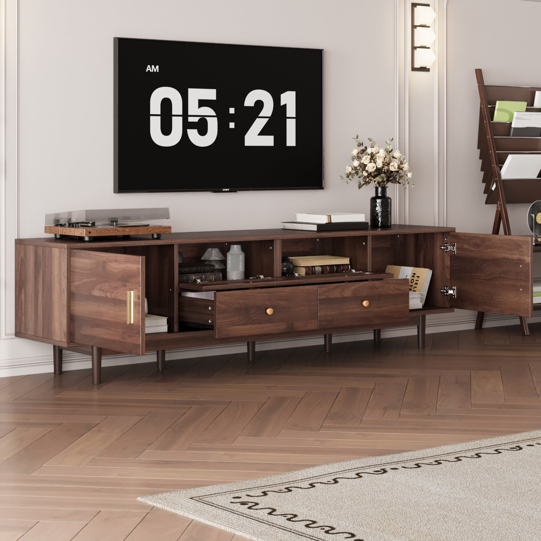 Noble House TV Stand for TVs up to 85" with Drawers and Storage Cabinets, Dark Brown