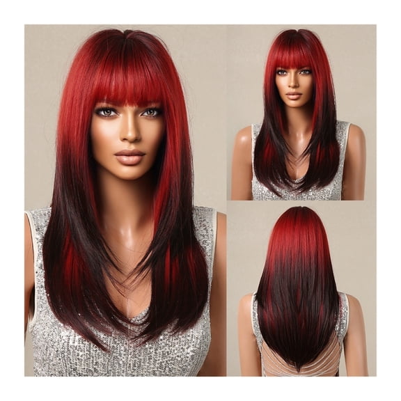 22inch Red to Black Synthetic Hair Wigs with Bangs Long Layered Straight Wig Colored Party Costume Heat Resistant Hair for Women
