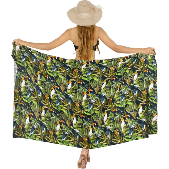 LA LEELA Women's Sarong Bikini Skirt Swimsuit Cover up Summer Wraps Bathing suit Swimwear Beach Wrap Skirts for Women One Size Denim, Tropical Cockatoo
