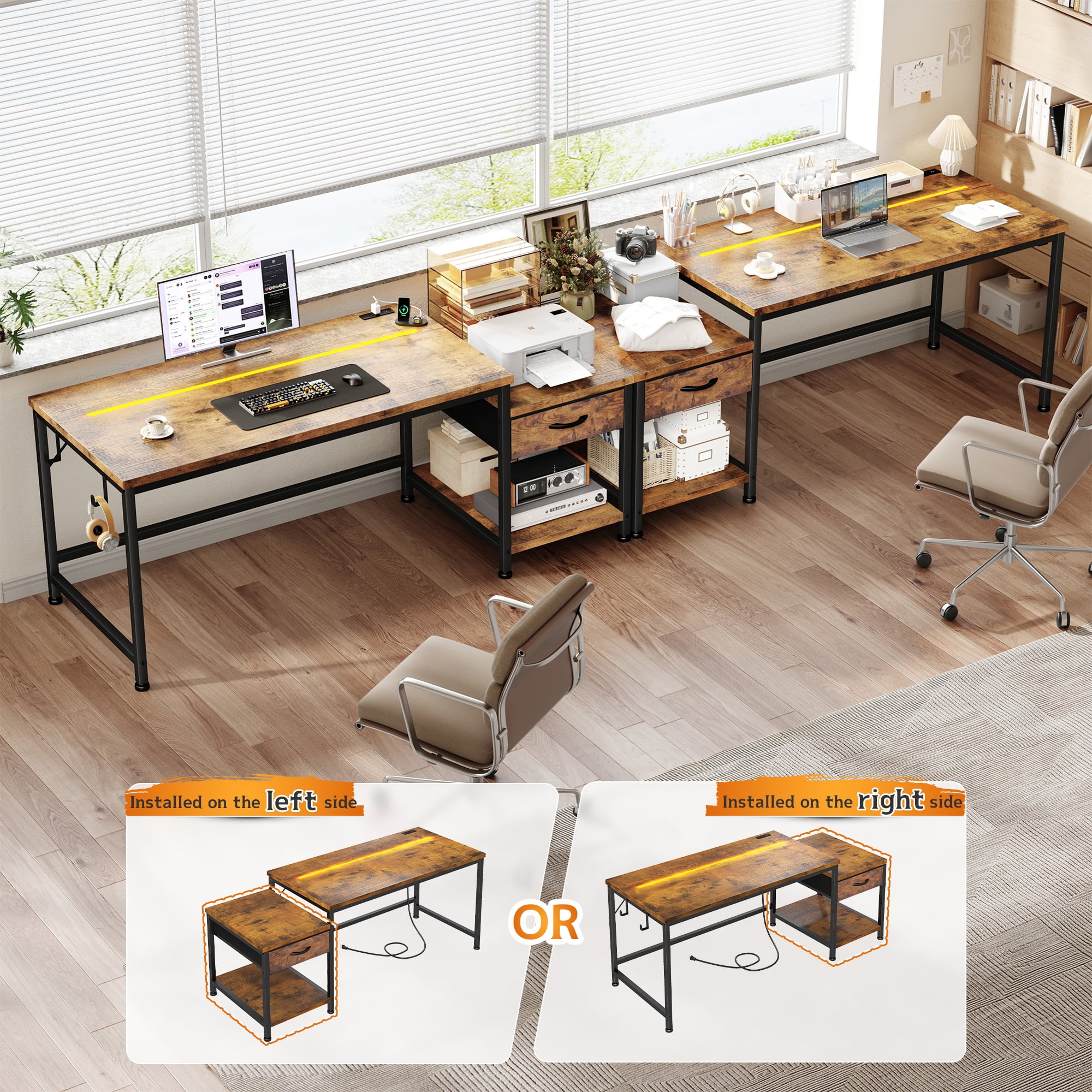 Romorgniz 56"W Gaming Desk with LED Lights & Power Outlets, Computer Desk with Fabric Drawer & Printer Shelf, Small Space Desk for Home Office, Dorm, Bedroom, Rustic Brown