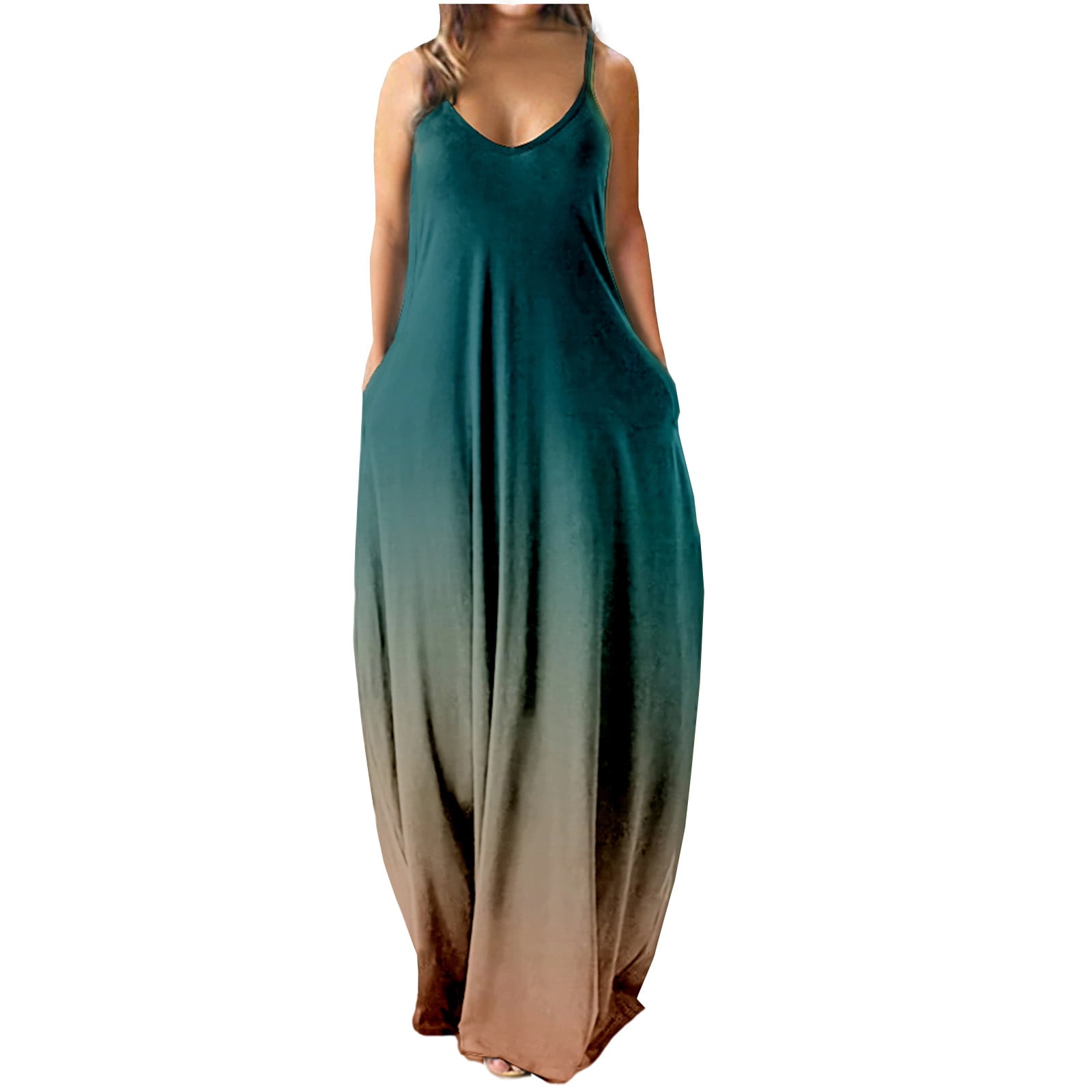 Women Summer Dress Plus Size V Neck Sleeveless Spaghetti Strap Long Sun Dress Gradient Print Pocket Cami Beach Maxi Dress 