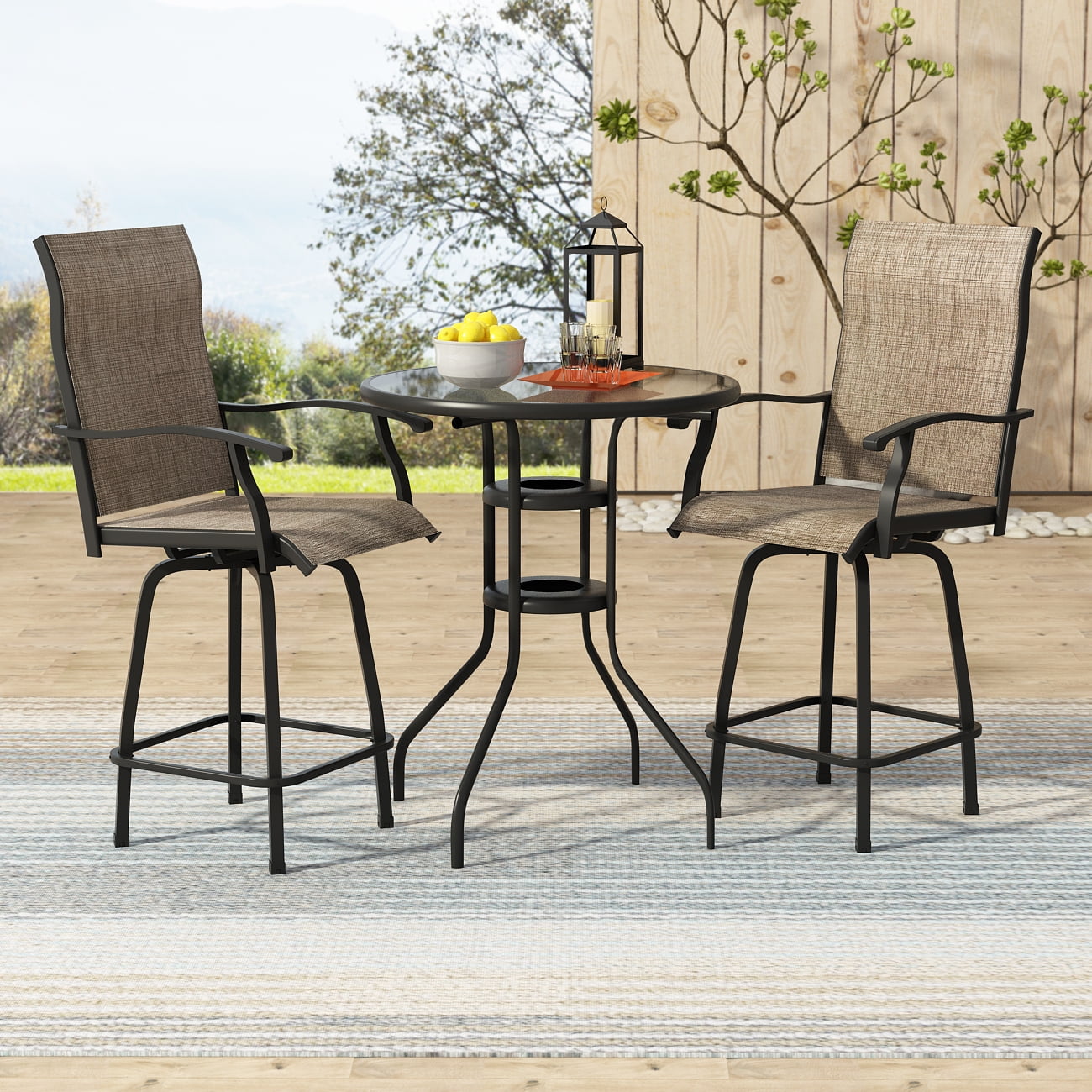AIEGLE Outdoor Bar Stools Set of 2 Metal Tall Swivel Patio Chairs Brown