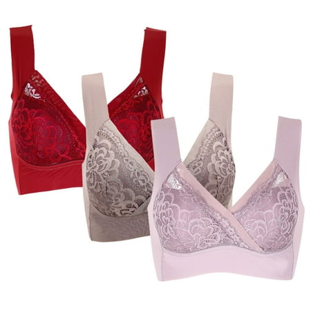 

Spdoo 3 Pack Plus Size Wireless Soft Bra Padded Wide Straps Lace Lingerie