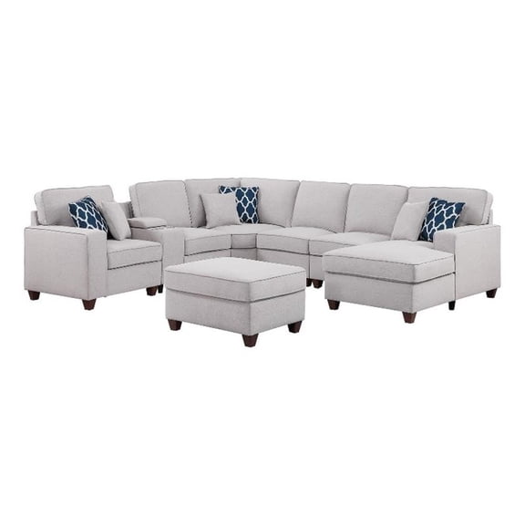 8-Piece Linen Fabric Upholstered Sectional With Console & Chaise-Light Gray