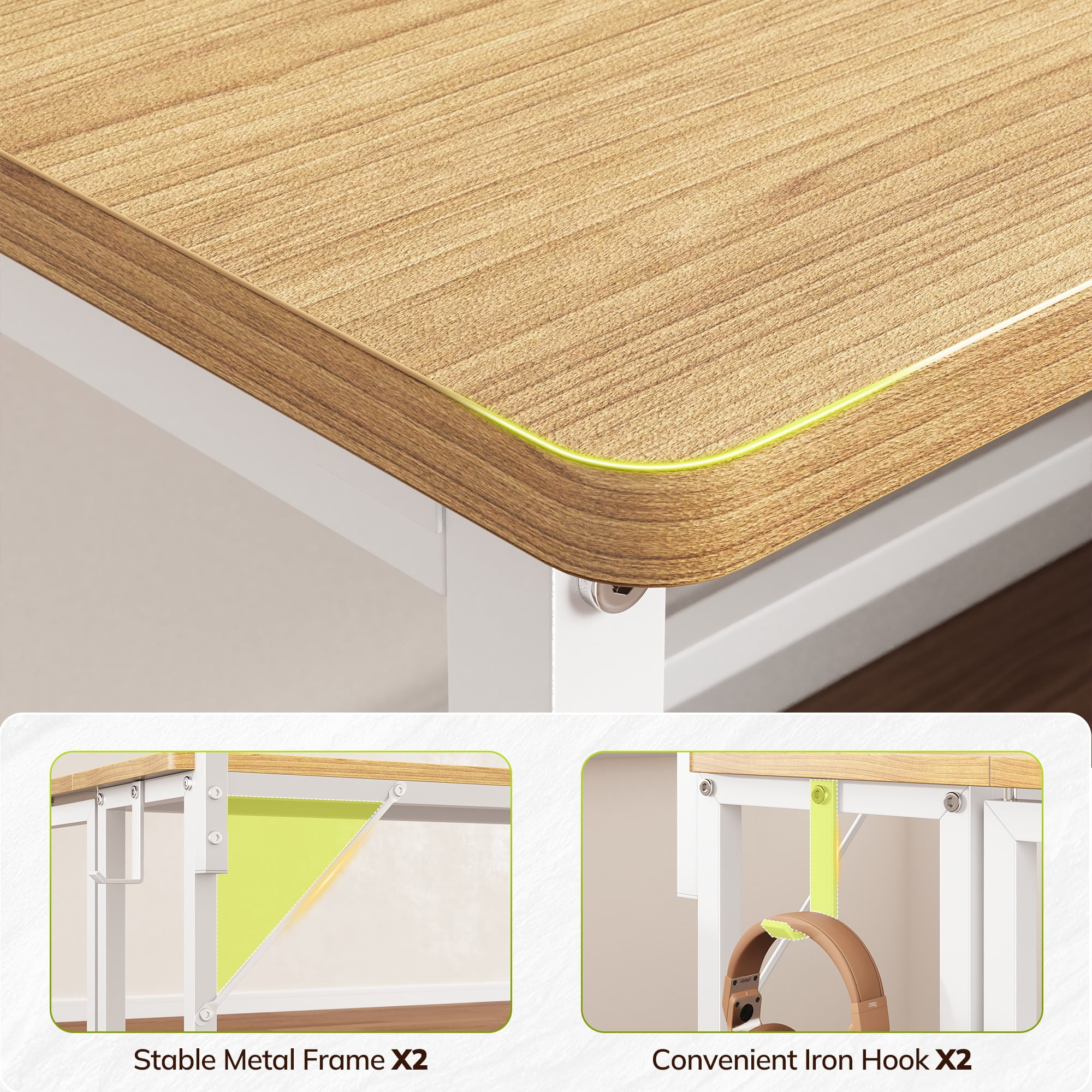 Romorgniz 39.4"D Office Desk with LED Lights & Hooks, Folding Desk for Small Spaces, Space Saving Sofa Table for Couch, Reading Table for Living Room, Oak