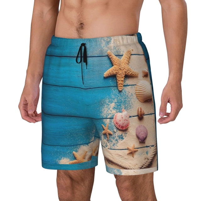 Kdxio Shells and Starfish Print Mens Swim Shorts with Mesh Lining, Breathable and Quick-Drying, Adjustable Waist, Privacy Pocket-Large