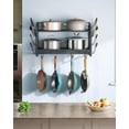thumbnail image 6 of Hanging Pot Rack, Pot Rack Wall Mounted, 2-Tier Kitchen Pot and Lid Organizer, Wall-Mounted Cookware Holder with 12 Hooks, for Kitchen Storage of Pots, Pans, Utensils, Charcoal Black, 6 of 17