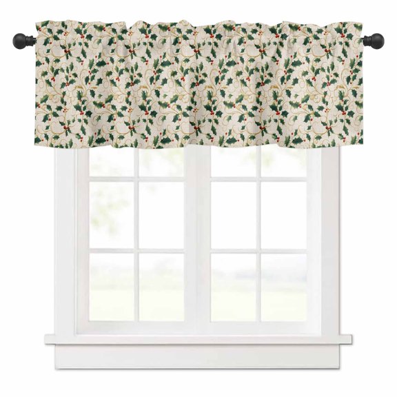 Winter Christmas Valances for Windows Holly Berry Plants Leaves Linen Grain Rod Pocket Curtain Valance Window Treatment Short Curtains for Kitchen Living Room, 60"x14"