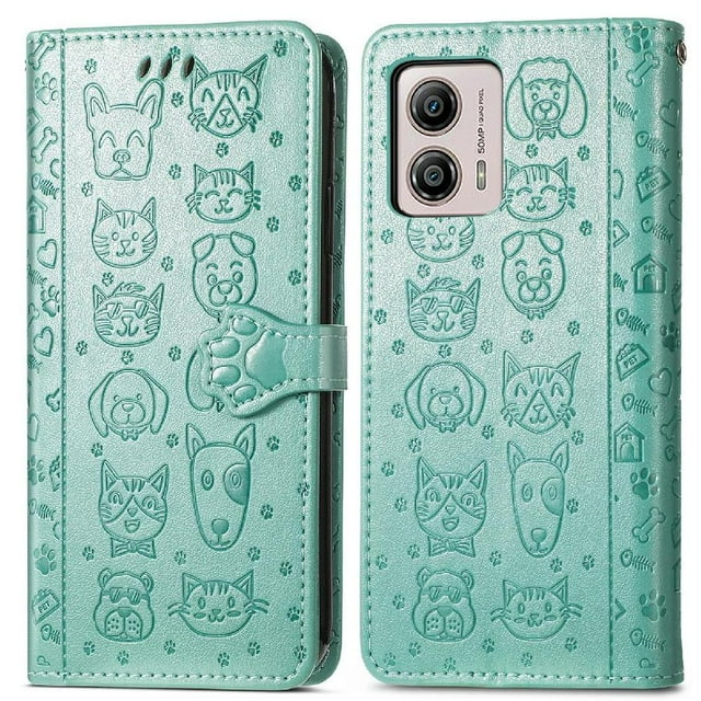 Funda Cartera FOXDOCK para MOTO G53 5G , Flip PU con Relieve de Gatos y Perros, Tarjetero y Soporte