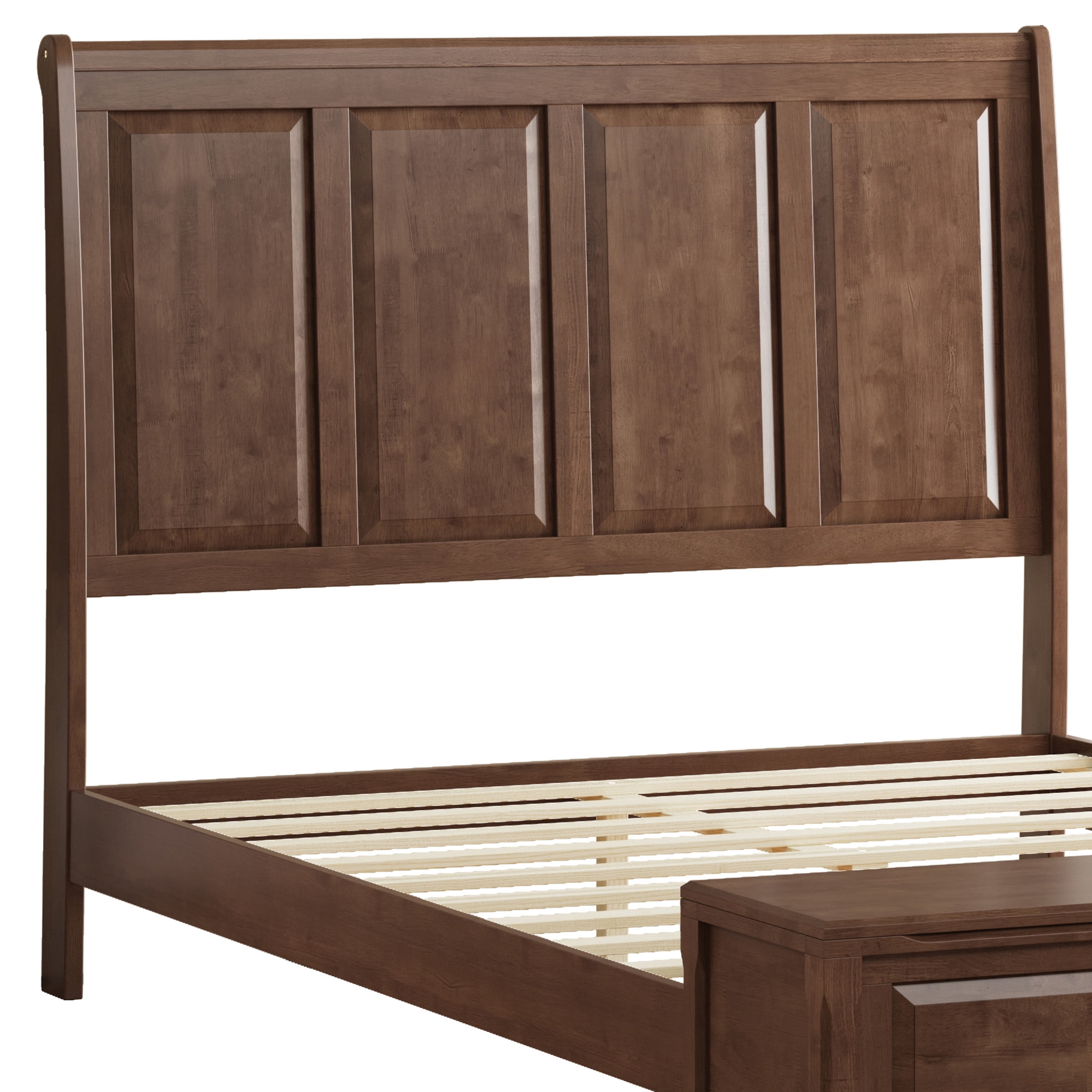 GDF Studio Queen Size Solid Wood Sleigh Bed with Tall Headboard and Storage Bench, Walnut