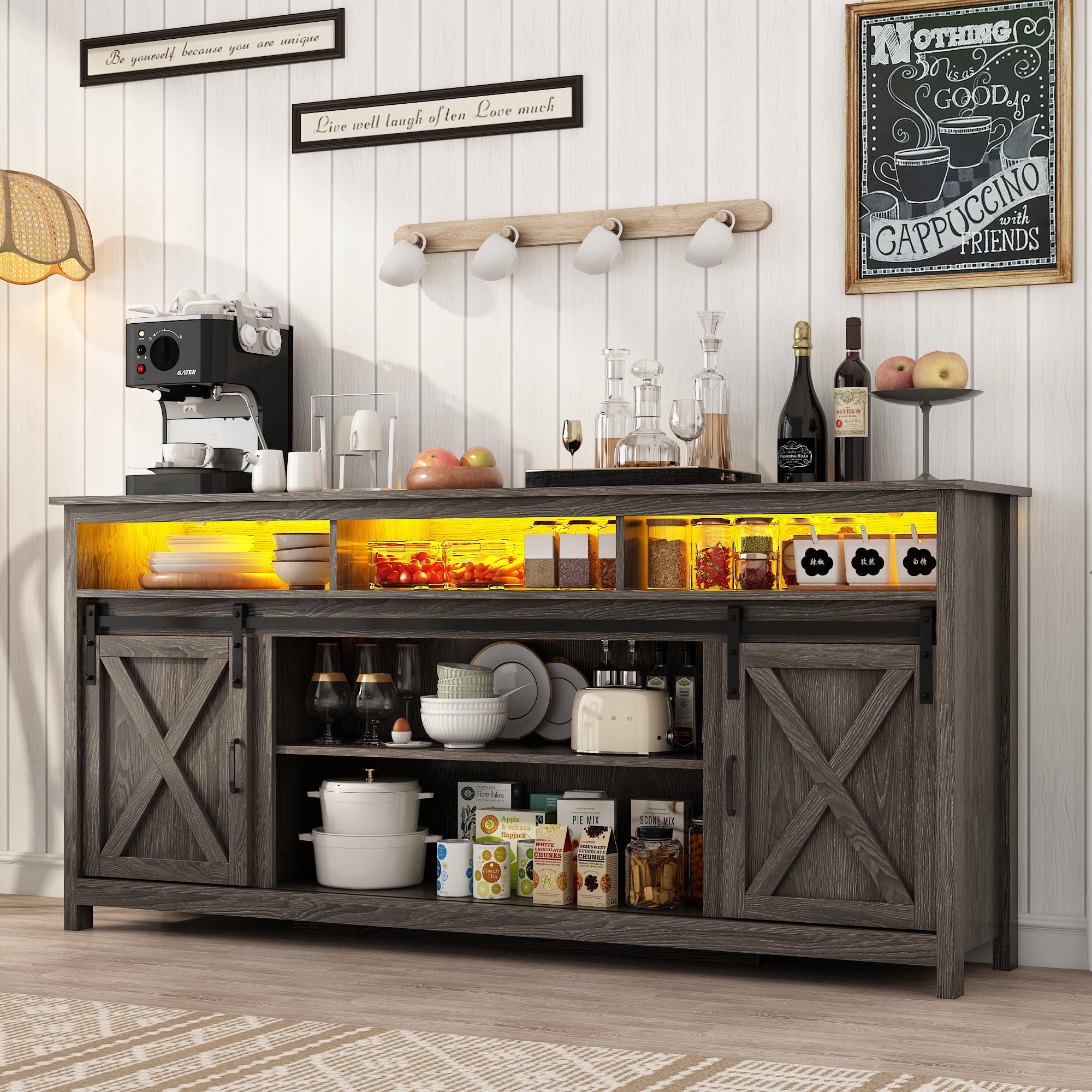 ANPOO Farmhouse TV Stand for 80 inch TVs, Rustic Entertainment Center TV Cabinet Stands with Power Outlets and LED lights