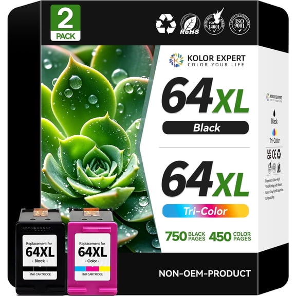64xl Ink Cartridge for HP 64 Ink Works with HP Envy Photo 7855 7155 7158 6252 6255 6258 7164 Printer (Black, Tri-Color, 2-Pack)