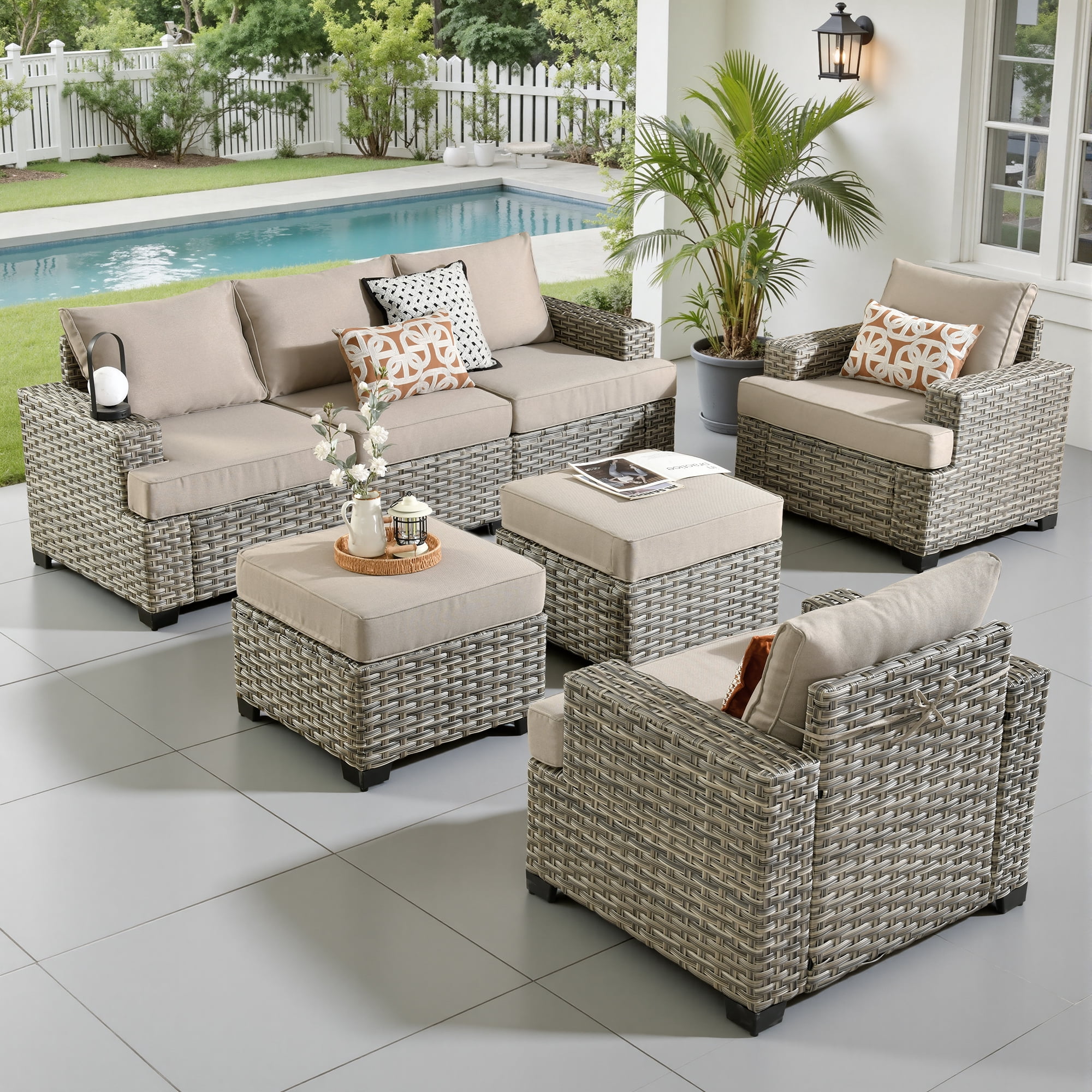Ovios 7 Pieces Outdoor Patio Furniture Set All-Weather Rattan Wicker Sectional Sofa and Chairs with Ottomans, Beige