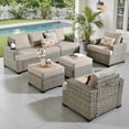 thumbnail image 2 of Ovios 7 Pieces Outdoor Patio Furniture Set All-Weather Rattan Wicker Sectional Sofa and Chairs with Ottomans, Beige, 2 of 9