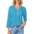 thumbnail image 4 of Oversized Tshirts for Women, 3/4 Sleeve Cotton Linen Solid Color Tunic Top, Blue XXL, 4 of 9