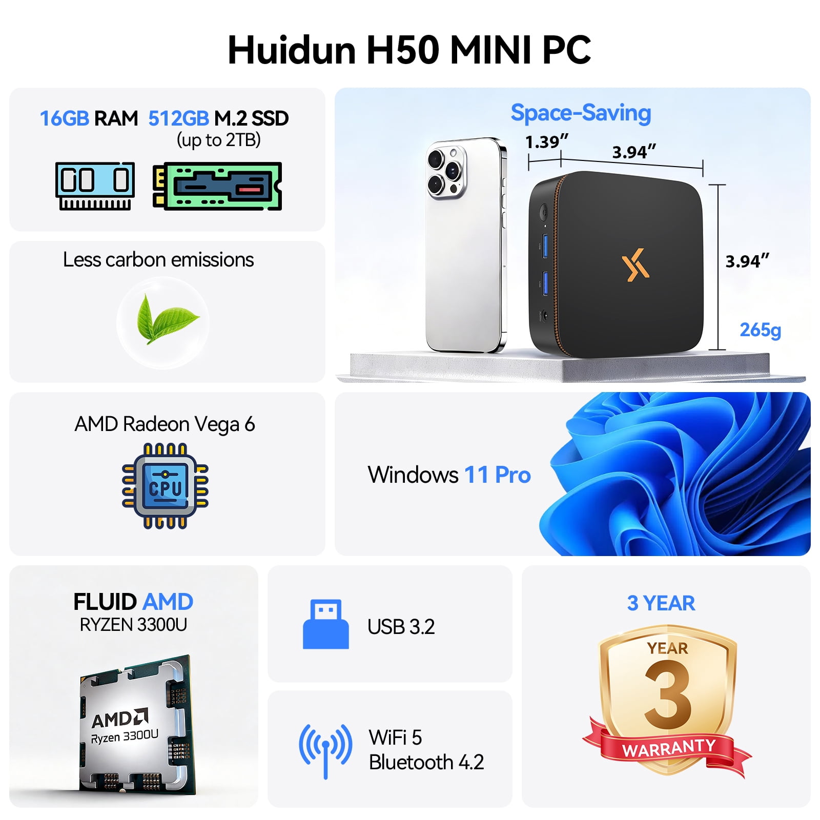 Huidun Mini PC H50, AMD Ryzen 3 3300U, 16GB RAM 512GB SSD, Mini Desktop Computer, Dual 4K Display(HDMI 2.0), WiFi+BT(RTL8852BE), Windows 11 Pro, 3-Year Warranty, VESA Mount for Monitor/Laptop