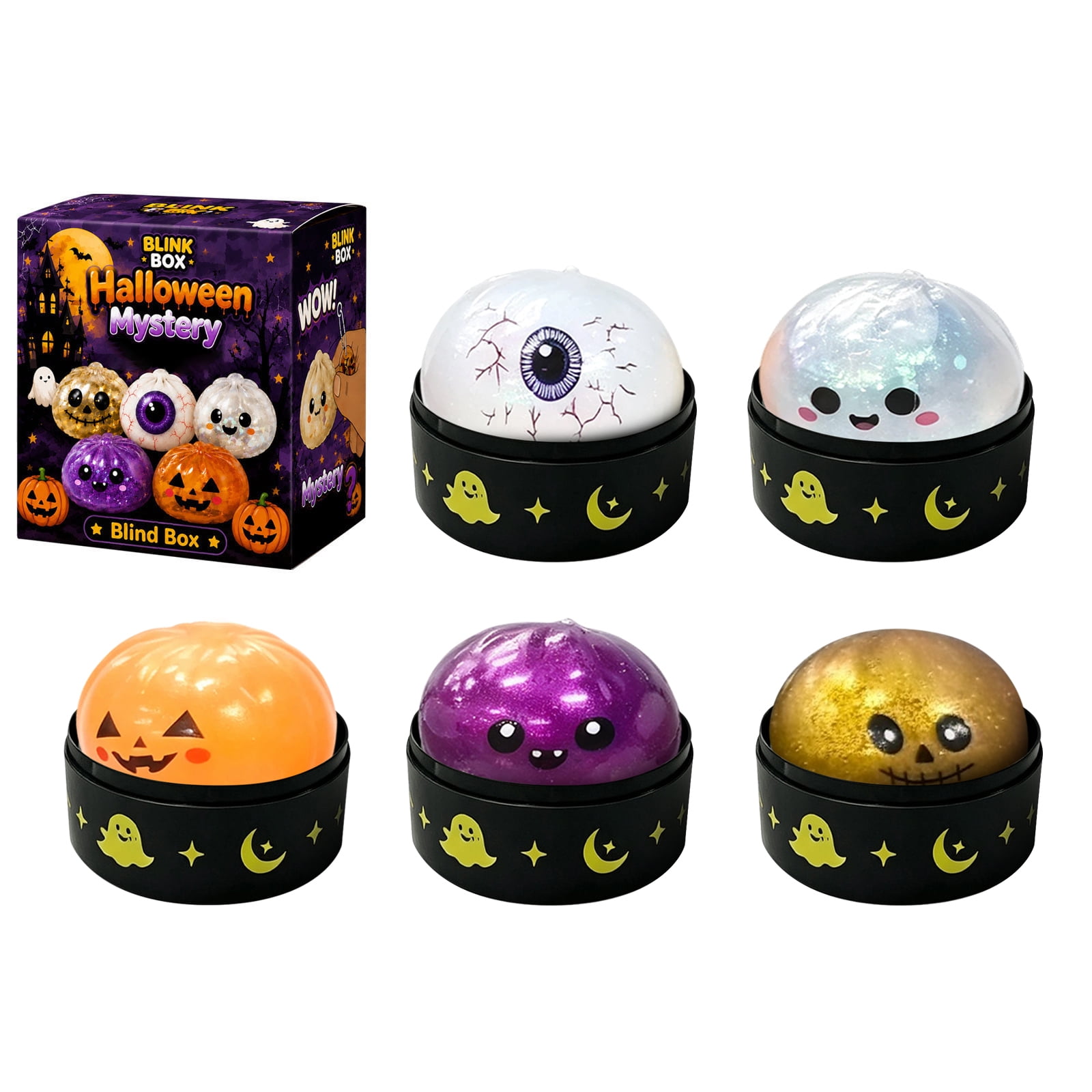 5 Pack 5 Styles Halloween Dumpling Squishy Toys Blind Box, 2.17 Inch Glitter Stress Relief Squeeze Balls