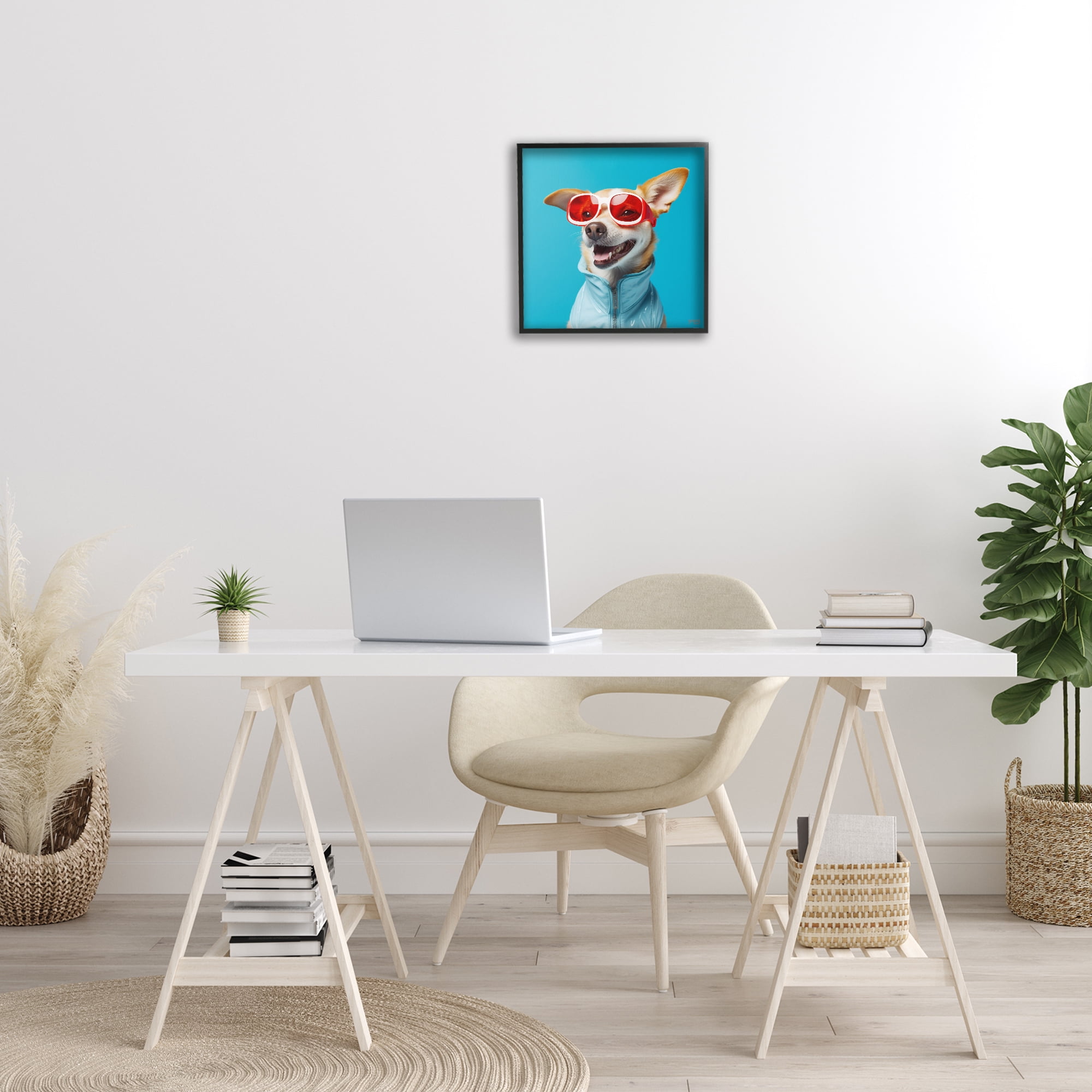 Stupell Industries Stylish Dog on Blue Animals & Insects Painting Black Framed Art Print Wall Art, 17 x 17