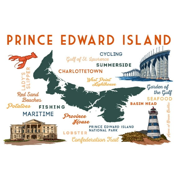 Prince Edward Island, Typography and Icons (12x18 Wall Art Poster, Room Decor)