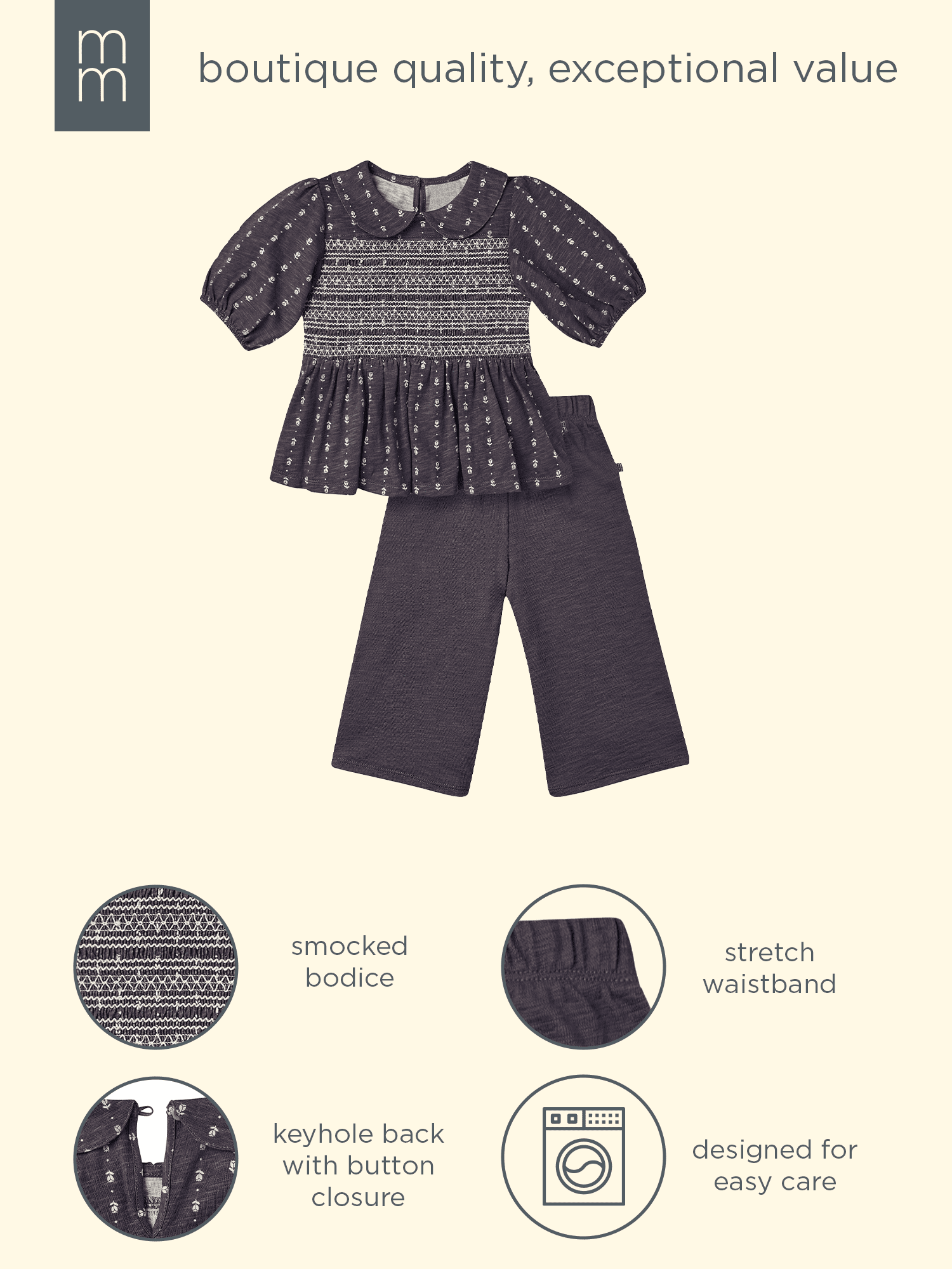 Modern Moments by Gerber Toddler Girl Top with Decorative Smocking Pant, 2-Piece, 12 Months - 5T