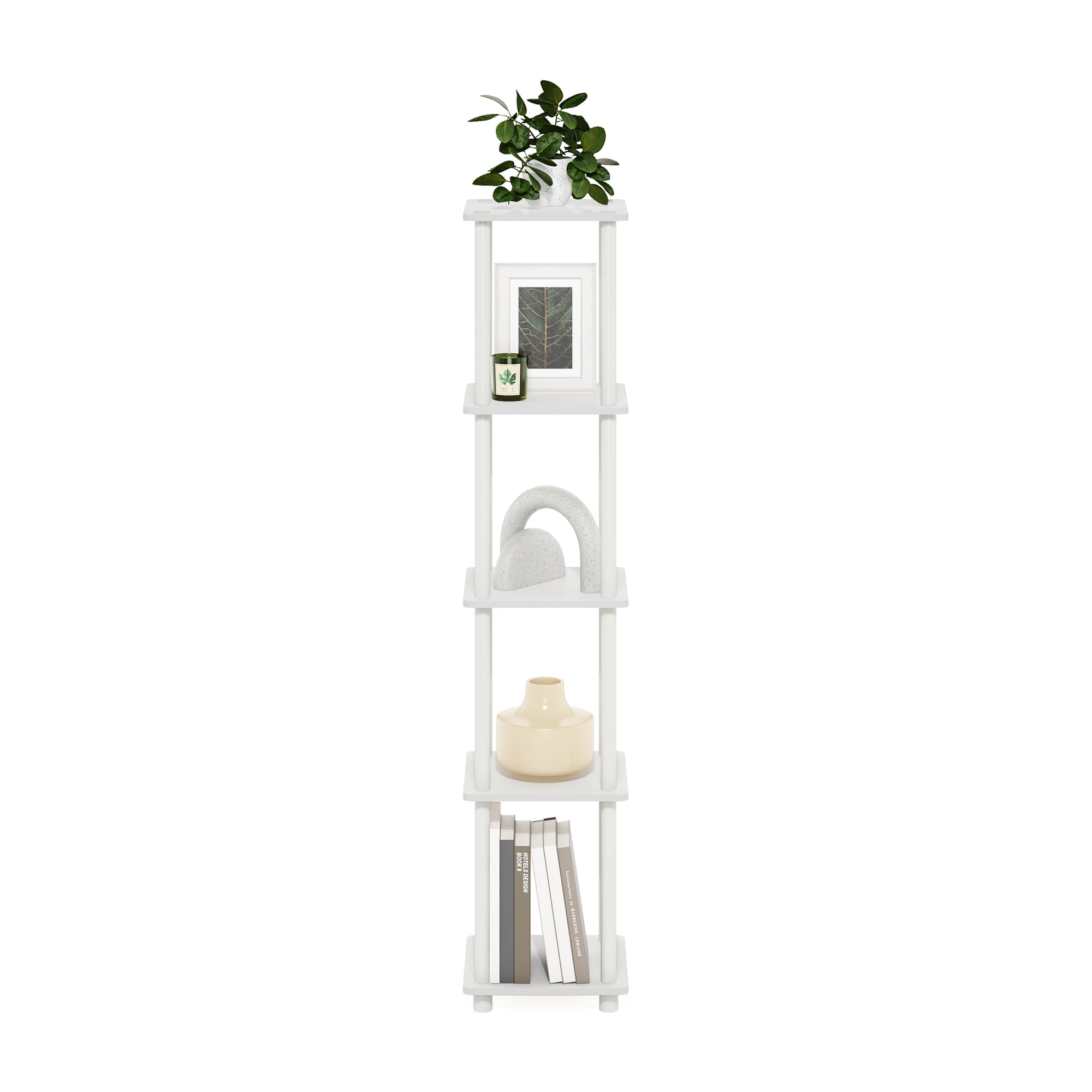 Furinno Turn-N-Tube Adult Office Adjustable 5-Tiers Composite Wood Dimensions 11.6" W x 11.6" D x 57.7" H Storage Shelves Total Capacity Holds up to 10 lb, Per Shelf Capacity 10 lb, White, 1 Pack