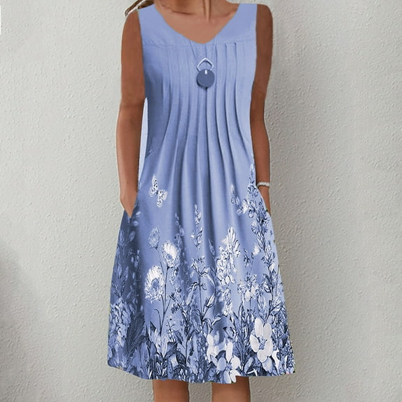 womens dresses Women's Summer Casual Round Neck Sleeveless Folding With Pocket floral Printed Dresses A Line Spaghetti Strap boho Sundresses flowy tummy control tank beach dress