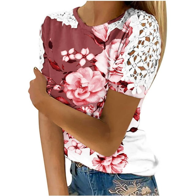 Camisas de Manga Corta para las Mujeres Impresión Cuello Redondo Suéter Encaje Camisa, Blusa de Verano Casual para las Mujeres