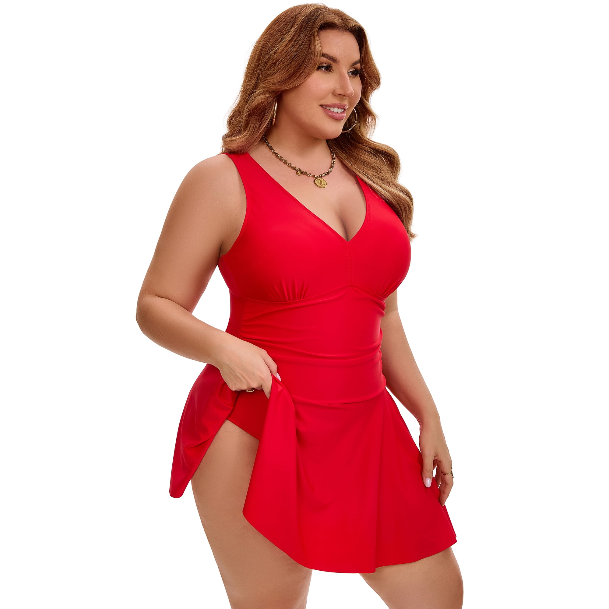 DARING DIVA Women's Plus Tummy Control Summer Beach Swimdress 2X Red